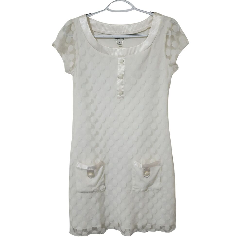 EN FOCUS Womens Mini Dress Ivory Mesh Polka Dot Lined Short Sleeve Satin Trim 4P
